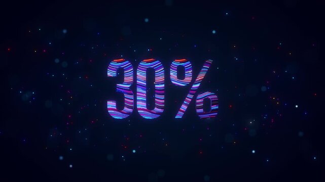 3D animation of futuristic 30 percent typography featuring rotating colorful blue and purple flowing lines, glowing particles, luminous bokeh, and vibrant digital energy against dark background.