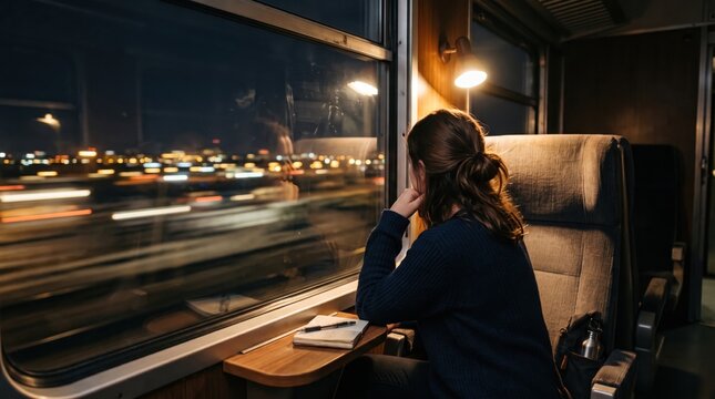 Rear view of a pensive young woman sitting in a dark train compartment, looking through the large window at motion-blurred city lights at night during a solitary trip.