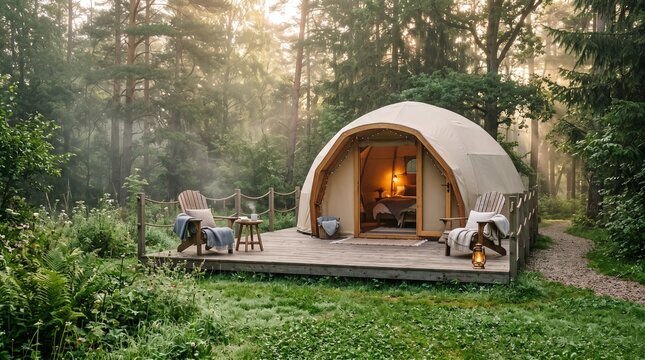 Luxury Glamping Dome Tent in a Misty Forest Setting