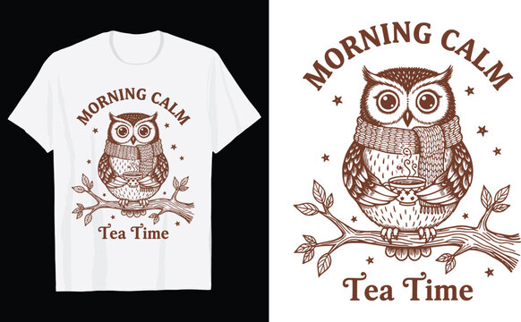 Cute Owl Wearing Scarf Holding Tea Cup T-Shirt Vector Design, Morning Calm Tea Time Quote Graphic