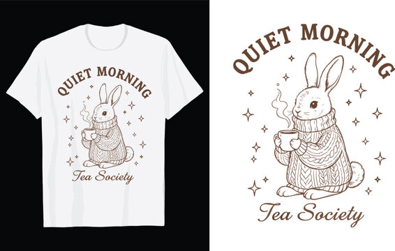 Cute Rabbit Wearing Sweater Holding Tea Cup T-Shirt Vector Design, Vintage Quiet Morning Tea Society Quote Graphic