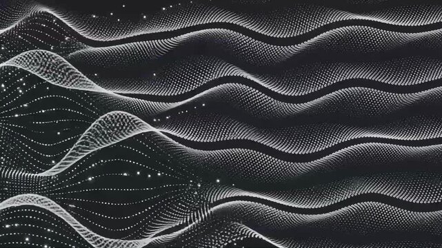 Abstract white dotted waves and glowing digital particles on dark background   