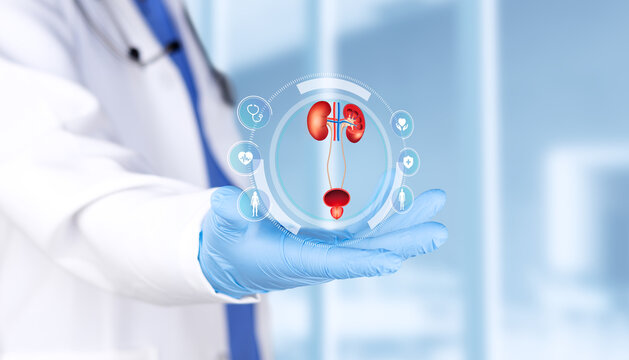 Doctor analyzing a chart of the male urinary system for the diagnosis of prostatitis and urethritis. Urology, diagnostic test, and medical research concept with a bokeh background. Isolated.