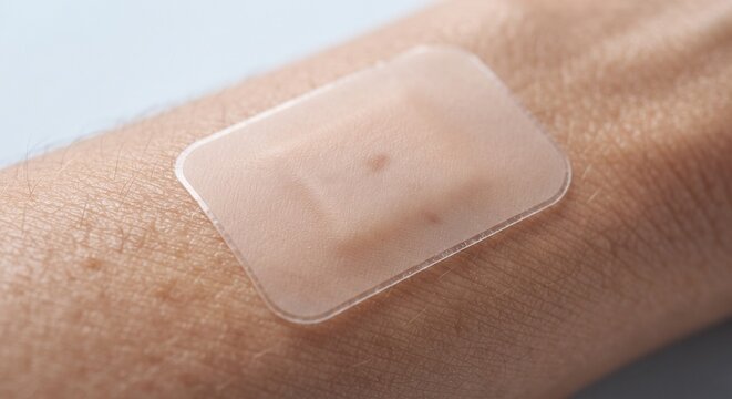 Macro Detail of Sterile Hydrocolloid Bandage Applied to Patient Skin for Advanced Clinical Wound Care Healing
