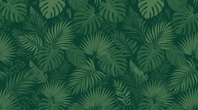 Seamless dark green botanical wallpaper featuring an intricate pattern of tropical monstera and palm leaves for nature backgrounds
