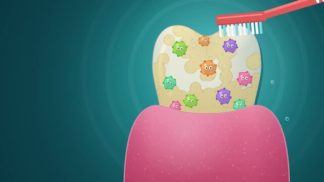 Toothbrush with foam scrubs plaque and cute bacteria off a molar until the tooth shines, dental care 4K animation