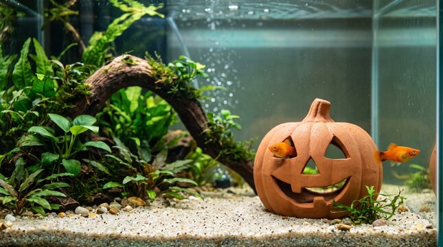 Aquarium decorated for Halloween with a jack o lantern fish tank decoration and small orange fish swimming around