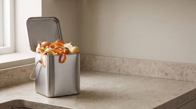 Stainless steel kitchen compost bin filled with vegetable scraps including onion peels carrot shavings and potato skins