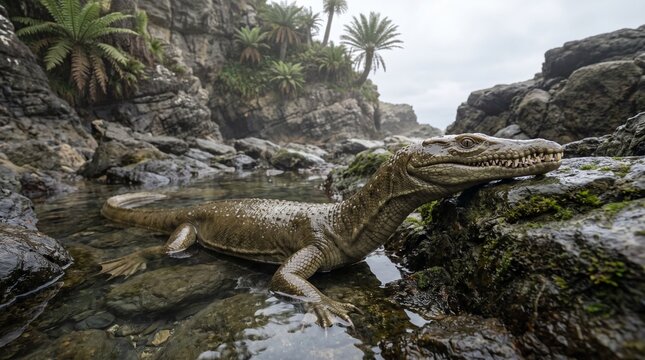Prehistoric amphibious reptile Nothosaurus resting on wet rocky shore in coastal tide pool, 3D paleoart.