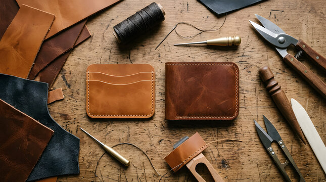 Handcrafted leather wallets and artisanal tools on wooden workbench