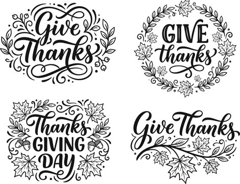 Set of hand drawn Thanksgiving typography designs with autumn leaves