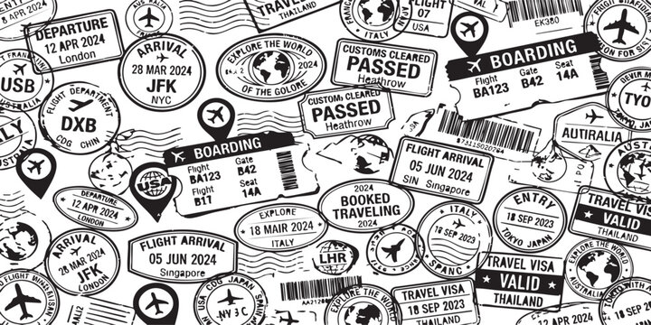 Black and white background pattern of international travel passport stamps and boarding passes