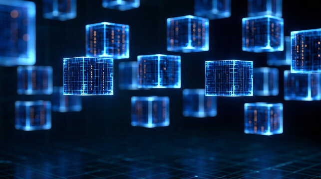 Abstract blockchain background with a series of luminous geometric blocks arranged in a decentralized network, blockchain architecture, distributed ledger technology,