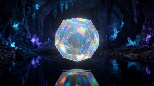 Floating geometric crystal emitting prismatic light in dark cavern
