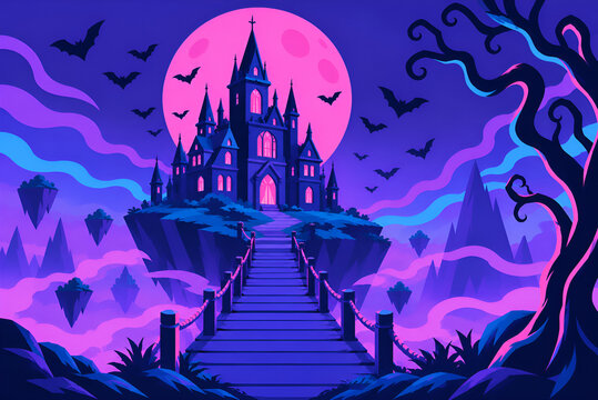 Spooky halloween haunted castle on floating island vector illustration with full moon and bats