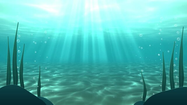 Underwater sun rays and caustic light on sandy sea floor in turquoise ocean water, seamless 4K loop animation