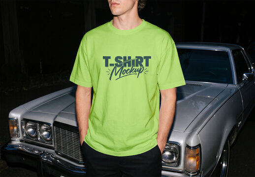 Oversized Lime Green T-Shirt Mockup on Male Model