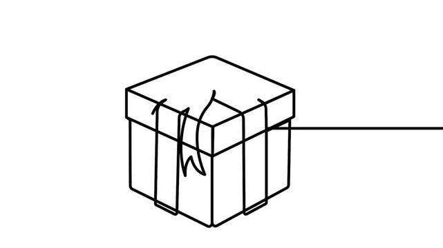 Gift box animation drawn in continuous line art on white background 4k animation. Gift box  4k animation features a continuous line art drawing unwinding and revealing the present. 