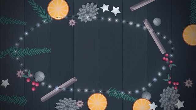 Flat lay with oval fairy lights and silver pinecones seamless loop