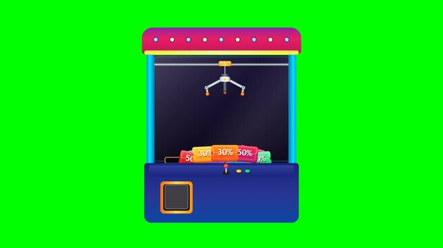 motion graphics of a vibrant chunky rounded claw machine grabbing a high-value discount voucher card from a colorful pile