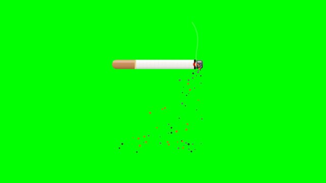anti-smoking awareness motion graphics showing a lit cigarette burning from right to left, shedding volumetric ash flakes that gather and physically assemble into massive bold CANCER typing