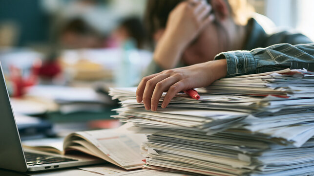 Exhausted teacher resting head on a massive stack of school papers and grading documents at a cluttered classroom desk.