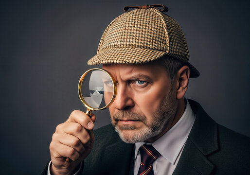 Victorian Detective in Deerstalker Hat Looking Through Magnifying Glass