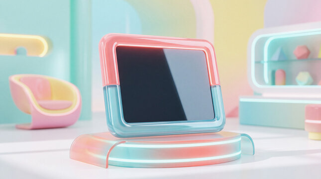 Coral-pink futuristic tablet on glowing platform with pink and blue light, pastel ergonomic chair and neon geometric shapes, modern minimalist retail display.