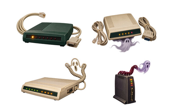 Vintage dial-up modems with ghostly apparitions