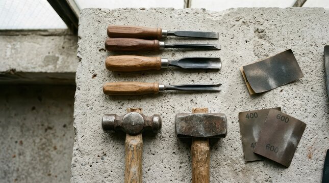 Collection of antique woodworking chisels and hammers arranged on a rough concrete surface