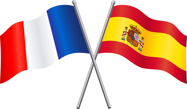 spain and france flags in relationship alliance or versus crossed vector isolated on transparent background