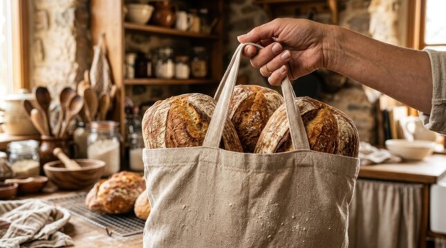 Person carrying a canvas bag filled with artisanal sourdough bread loaves in a rustic kitchen setting