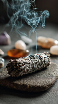 Smoldering bundle of sage in a ceramic bowl releasing thick smoke, ritual cleansing and meditation concept