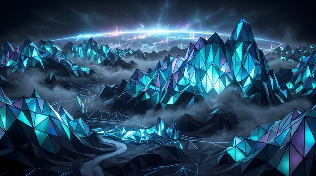 Futuristic cityscape with glowing blue towers rising through mist and a bright sky