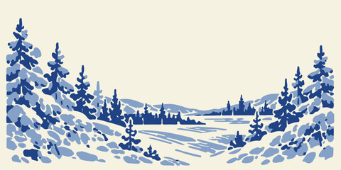 Winter forest landscape with snow covered evergreen trees and distant mountains, blue and white seasonal nature scene, scenic snowy wilderness illustration for Christmas cards, backgrounds and winter © Natali