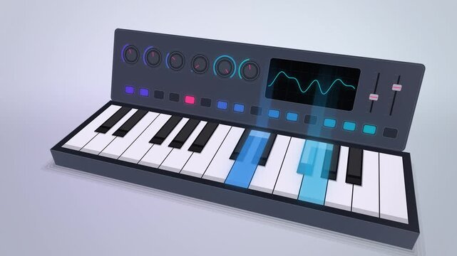 3D synthesizer with glowing blue keys on white and bass drop