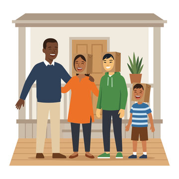 Happy multi-ethnic family with a Black father, South Asian mother, and two children standing on a front porch wearing handmade paper bag masks with drawn faces for a Halloween celebration.