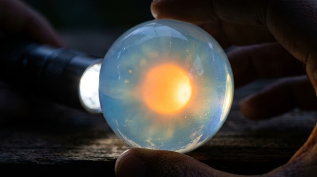 Hand holding translucent blue orb with glowing inner light on dark