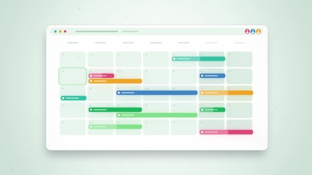 Green project calendar with colorful event blocks building on white