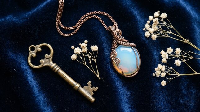 Antique key and opalite pendant with dried flowers on dark fabric