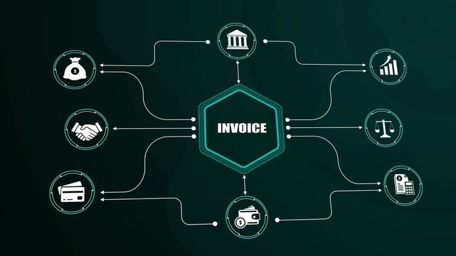 Digital invoice management diagram showing electronic billing process, accounting business payment, financial transaction, and tax calculation system.