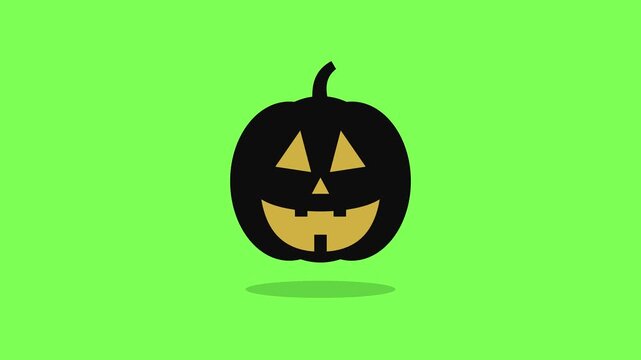 Halloween jack o lantern pumpkin bouncing with squash and stretch on green screen. Glowing carved face flickers. Seamless loop, flat vector cartoon, chroma key, Full HD.