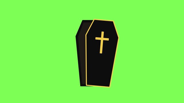 Halloween coffin seamless loop animation on green screen. Lid slides open, glowing yellow eyes peek out and blink, then the coffin slams shut. Flat vector cartoon, chroma key, Full HD.
