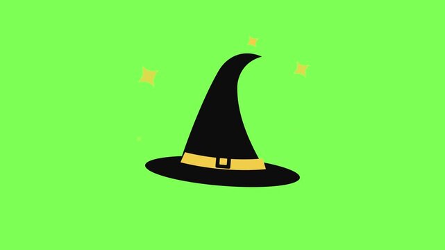 Black witch hat wobbling with twinkling yellow magic sparkles on green screen. Halloween seamless loop animation, flat vector cartoon, chroma key, Full HD.