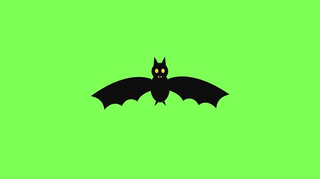 Black bat flapping its wings and hovering on green screen. Halloween seamless loop animation, flat vector cartoon silhouette with glowing yellow eyes, chroma key, Full HD.