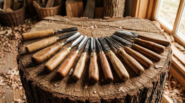 Collection of vintage wood carving chisels with wooden handles arranged on a rustic timber surface