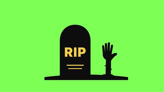 Zombie hand rising from the grave and waving next to an RIP tombstone on green screen. Halloween seamless loop animation, flat vector cartoon, chroma key, Full HD.