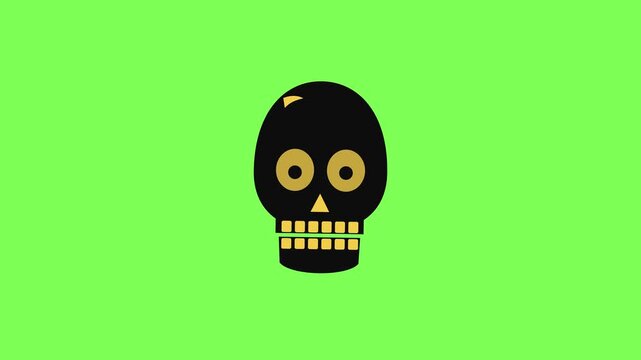 Black skull chattering its teeth with glowing yellow eye sockets on green screen. Halloween seamless loop animation, flat vector cartoon, chroma key, Full HD.