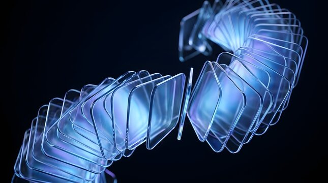 Abstract 3d render of floating glass square plates arranged in a curved spiral formation against a dark background