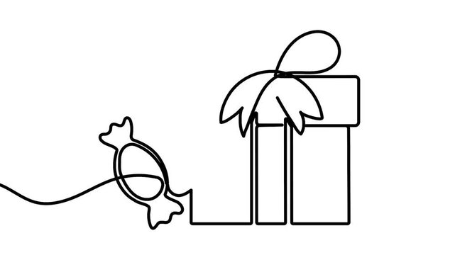 Candy and gift box animation drawn in continuous line art on white background 4k animation. Candy and gift box 4k  animation features a continuous line drawing revealing a wrapped sweet and present.